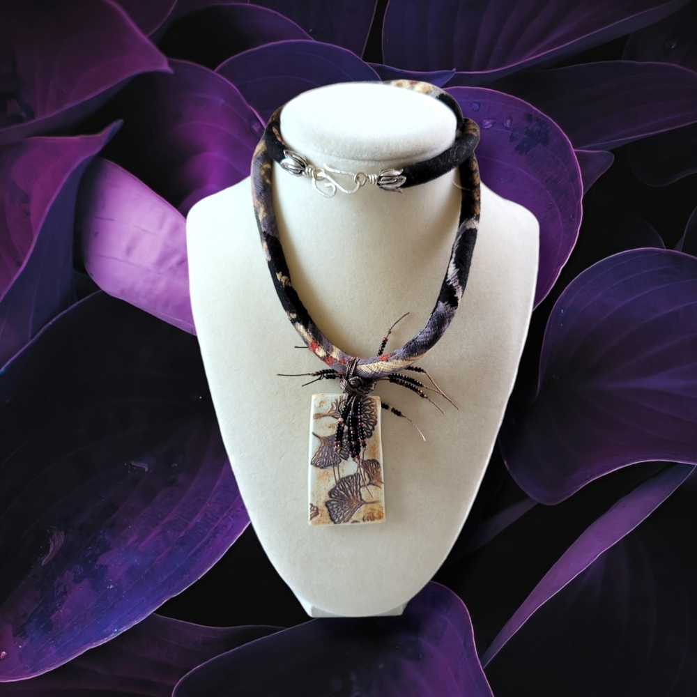 Japanese Handmade 80s VTG Multicolor Textile Gingko Leaf Bone Pendant Necklace